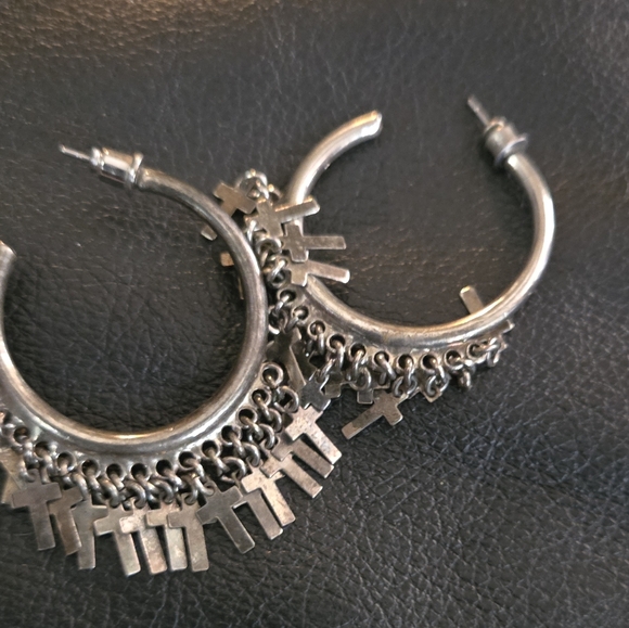 Dolls Kill Silver Hoop Earrings with Cross Charms - Picture 4 of 6
